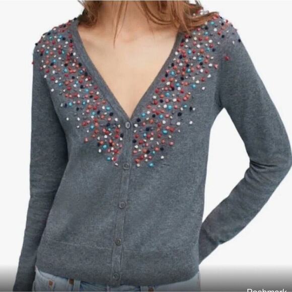 Anthropologie Moth Pom Pom Confetti Grey Cardigan Cotton Cashmere Blend Small - Picture 1 of 11